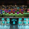 Stylish Bar Interior Design With Colorful Hexagon Decor Neon Lights Bar Counter And Stools
