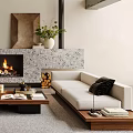 Modern Living Room Interior With Fireplace Sofa Coffee Table Chairs Rug And Plants