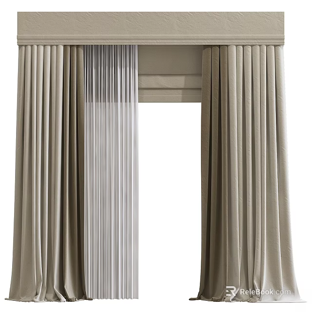 Beige Velvet Curtains With Light Gray Sheer Panels For Modern Window Decor 3d model 