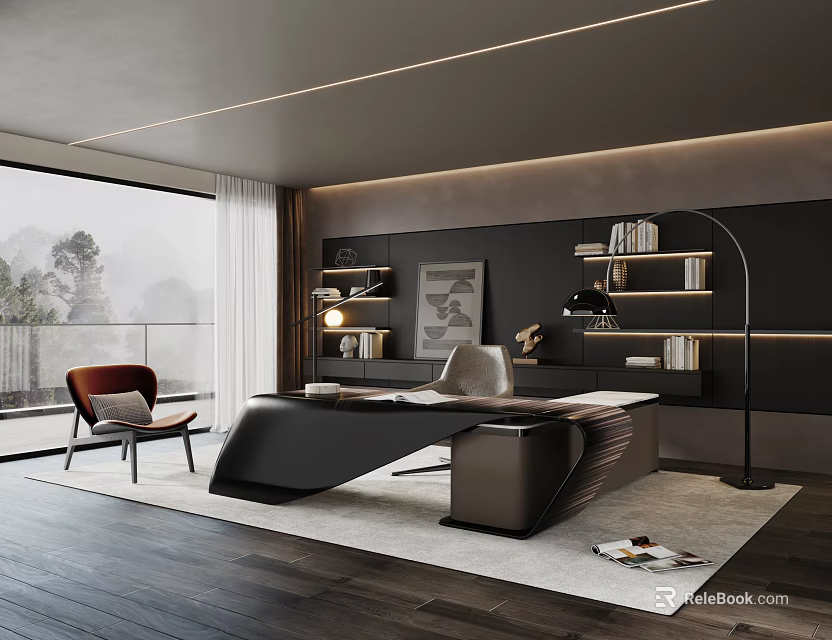 Modern Study Room Interior Design With Sleek Black Desk Built in Bookshelves And Natural Light 3d model 