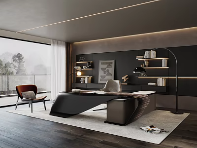 Modern Study Room Interior Design With Sleek Black Desk Built in Bookshelves And Natural Light 3d model
