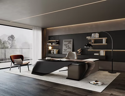 Modern Study Room Interior Design With Sleek Black Desk Built in Bookshelves And Natural Light 3d model