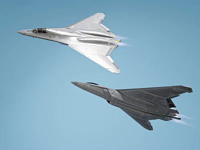 Two Modern Fighter Jets Flying in Clear Blue Sky with Streamlined Design and Jet Trails 3d model