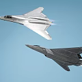 Two Modern Fighter Jets Flying in Clear Blue Sky with Streamlined Design and Jet Trails