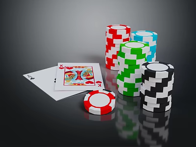 Colorful Casino Chips Stacked with Playing Cards on Black Table for Card Game Entertainment 3d model