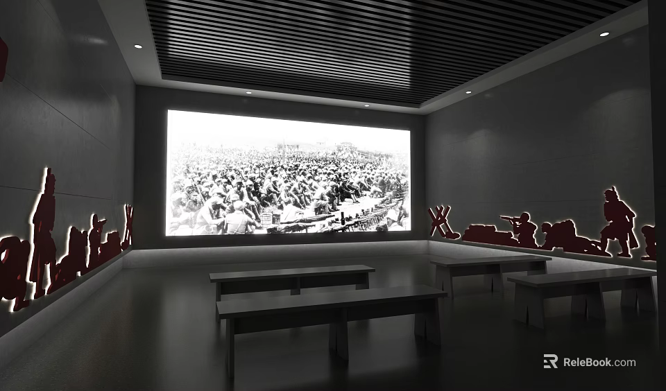 Interior Exhibition Space Featuring Large Screen Displaying Crowd Scene With Benches And Red Silhouette Decorations 3d model 