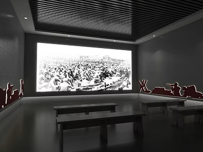 Interior Exhibition Space Featuring Large Screen Displaying Crowd Scene With Benches And Red Silhouette Decorations 3d model