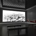 Interior Exhibition Space Featuring Large Screen Displaying Crowd Scene With Benches And Red Silhouette Decorations