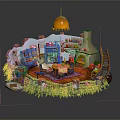 Cozy Cartoon Scene With Wooden Structure Table Chairs Fireplace Bookshelf And Hanging Lamp