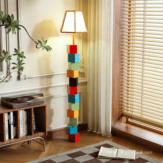 Modern Colorful Block Design Floor Lamp In Living Room With Bookshelf Plant And Window Blinds 3d model 