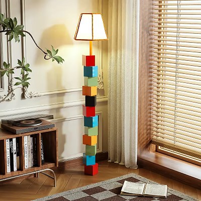 Modern Colorful Block Design Floor Lamp In Living Room With Bookshelf Plant And Window Blinds 3d model