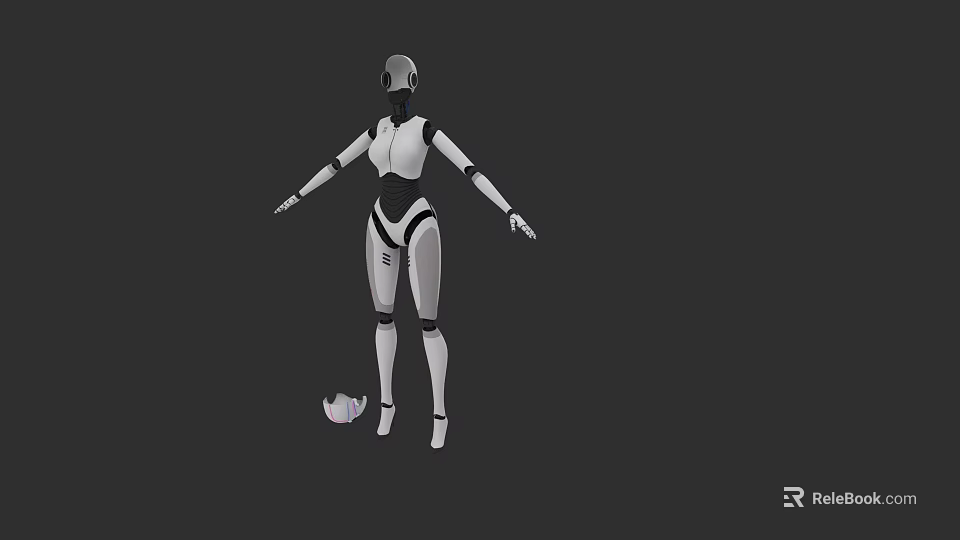 Game and Movie Robot Character With White Black Mechanical Structure Standing Pose And Helmet Nearby 3d model 