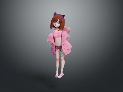 Woman With Brown Hair And Purple Cat Ears Wearing Pink Outfit Coat And Shoes 3d model