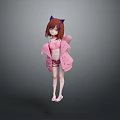 Woman With Brown Hair And Purple Cat Ears Wearing Pink Outfit Coat And Shoes