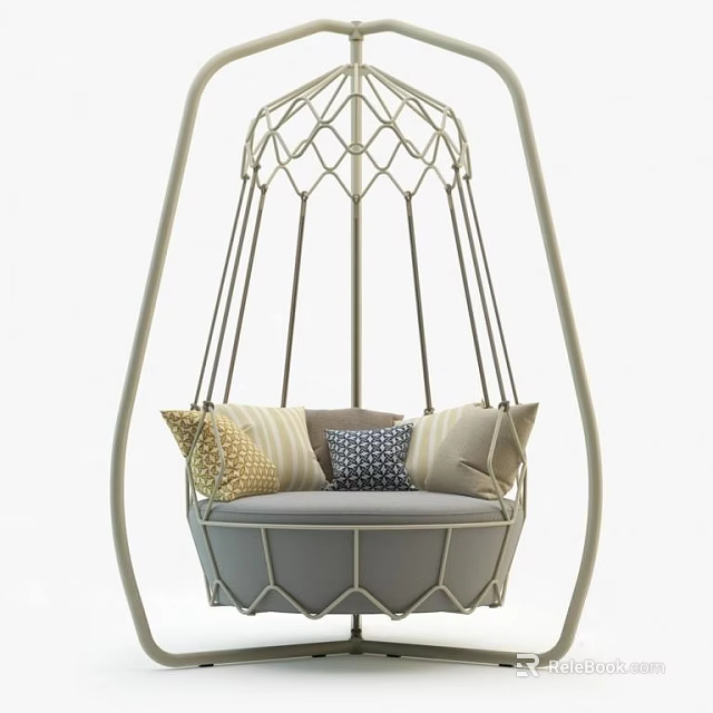 Modern Geometric Hanging Chair With Comfortable Striped Polka Dot Cushions And Metal Frame 3d model 