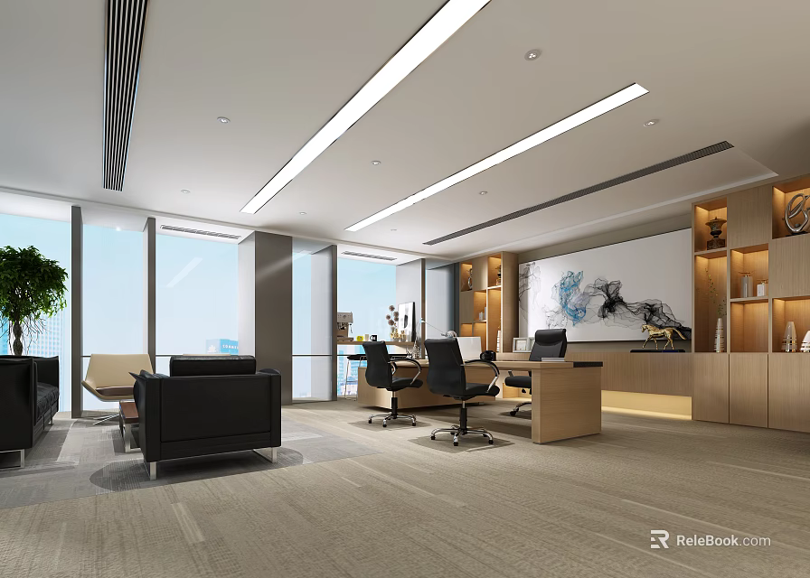 Modern Spacious Office Interior With Large Windows Comfortable Sofa Wooden Desk And Decorative Painting 3d model