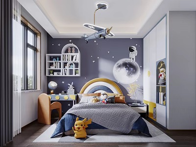 Kids Room Interior With Blue Walls Airplane Chandelier Starry Decor Globe Bookshelf And Pikachu Plush 3d model