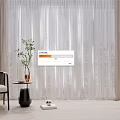White Sheer Curtains And Beige Drapes In Modern Living Interior With Plant And Side Table