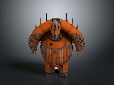 3D Model Orange Spiked Mechanical Creature Character with Multiple Arms Red Eyes and Striped Body 3d model
