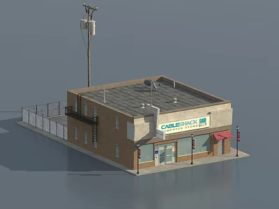 Care Electric Commercial Building With Brown Exterior Red Awning And Fence 3d model
