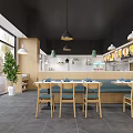Modern Restaurant Interior With Wooden Slat Ceiling Green Pendant Light Bar Area And Dining Seats