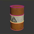 Rusty Orange Metal Barrel With White Band And Black Triangular Symbol