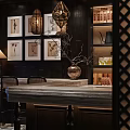 Elegant Dark Decor Bar Interior With Wall Art Bar Counter Wine Shelves And Pendant Lights