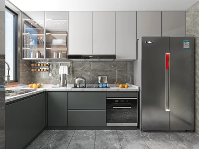 Modern Kitchen Interior With Gray Cabinets Stainless Steel Refrigerator Countertop And Appliances 3d model