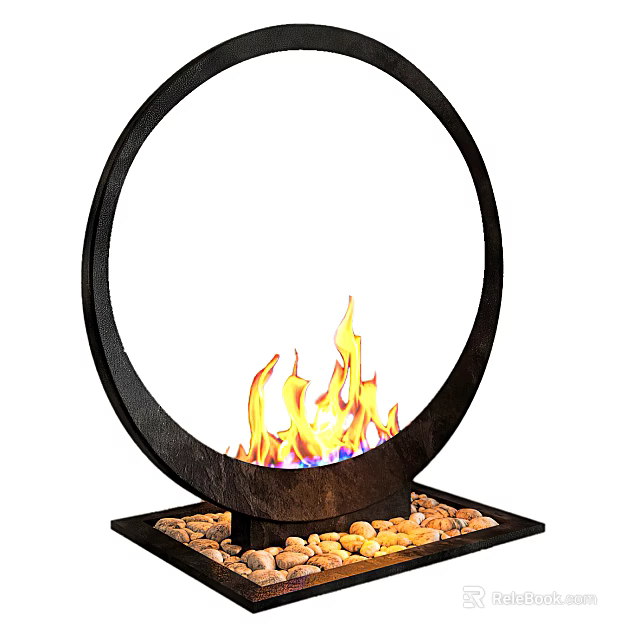 Stylish Modern Circular Fireplace Interior With Flames And Pebble Base 3d model 