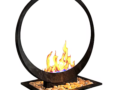 Stylish Modern Circular Fireplace Interior With Flames And Pebble Base 3d model