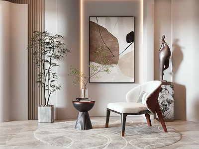 Modern Accent Chair In Living Room With Abstract Wall Art Sculpture And Potted Plant 3d model