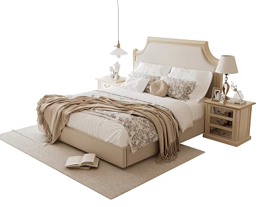 Double Bed With Beige Headboard White Sheets Pillows Blanket Bedside Tables And Lamps On Carpet 3d model