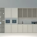 Modern Kitchen Endscape Platform With White Cabinets Built In Ovens Lattice Door Cabinets Open Shelves And Dishes