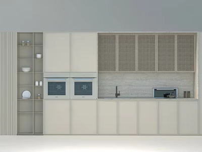 Modern Kitchen Endscape Platform With White Cabinets Built In Ovens Lattice Door Cabinets Open Shelves And Dishes 3d model