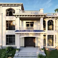 Elegant Two Story Detached Villa With Light Colored Exterior Balcony Large Windows And Green Lawn