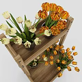 Decorative Wooden Tiered Garden Shelf With Potted Tulips And Daisies