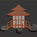 Traditional Japanese Garden With Red Pavilion Stone Lantern And Small Bridge