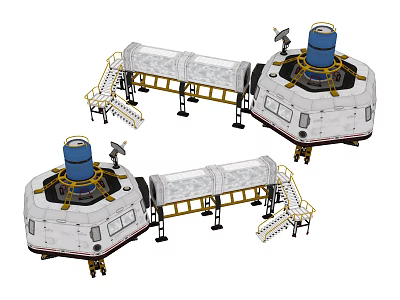 Industrial Plant With Circular Main Structure Connecting Passageways Yellow Staircases And Blue Top Units 3d model