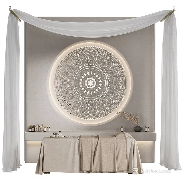 Cozy Relaxing Massage Bed With Round Mandala Decor Wall White Curtains Light Counter And Blanket 3d model 