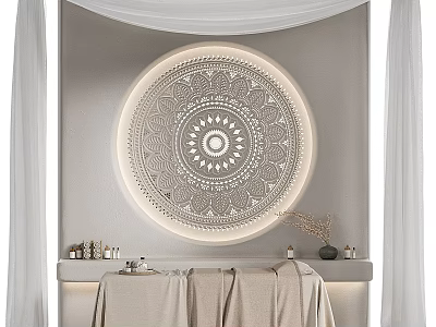 Cozy Relaxing Massage Bed With Round Mandala Decor Wall White Curtains Light Counter And Blanket 3d model