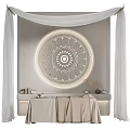 Cozy Relaxing Massage Bed With Round Mandala Decor Wall White Curtains Light Counter And Blanket