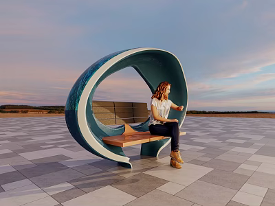 Unique Curved Outdoor Chair With Wooden Seat In Open Space Sunset Sky 3d model