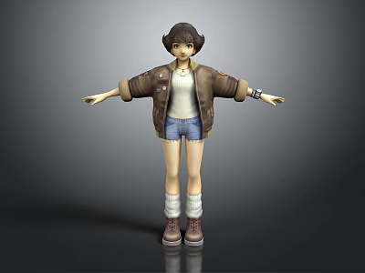 Game Movie Character 3D Model Brown Jacket White T-Shirt Denim Shorts Arms Outstretched 3d model