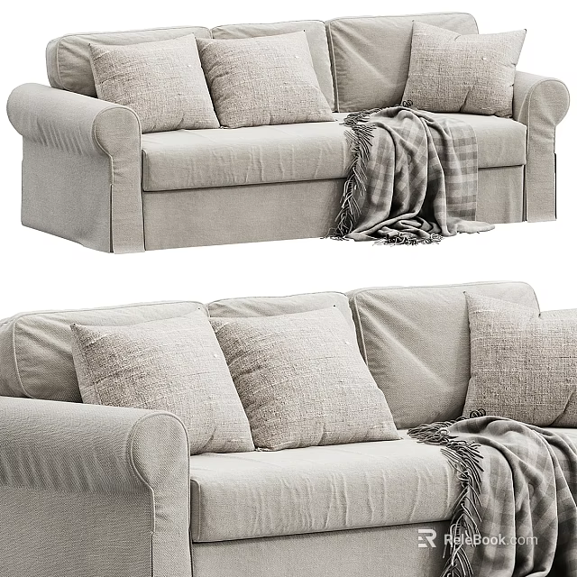 Cozy Light Gray Sectional Sofa With Soft Pillows And Plaid Knitted Blanket 3d model 