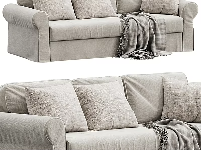 Cozy Light Gray Sectional Sofa With Soft Pillows And Plaid Knitted Blanket 3d model
