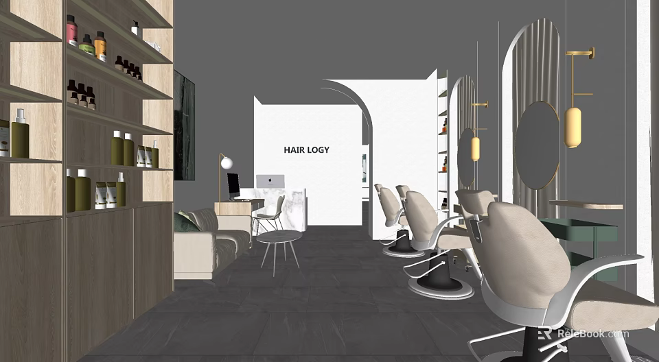 Modern Hair Lounge Interior With Styling Chairs Round Mirrors And Product Shelves 3d model 