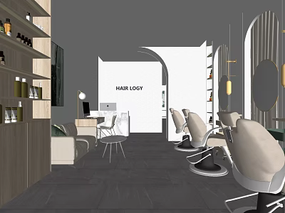 Modern Hair Lounge Interior With Styling Chairs Round Mirrors And Product Shelves 3d model