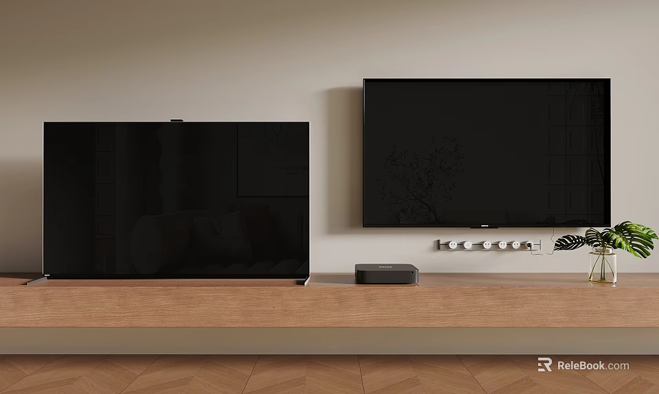 Modern TV Wall Interior With Two Black Screens Wooden Console And Soundbar 3d model 