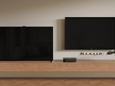 Modern TV Wall Interior With Two Black Screens Wooden Console And Soundbar 3d model