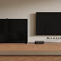 Modern TV Wall Interior With Two Black Screens Wooden Console And Soundbar